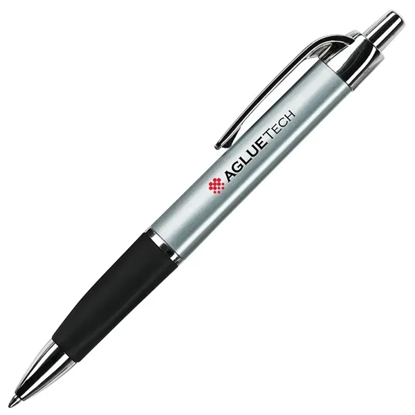 Ballpoint pen with plunger action mechanism, colored metallic triangular barrel, soft... from ASI 67866 Logomark/Valumark