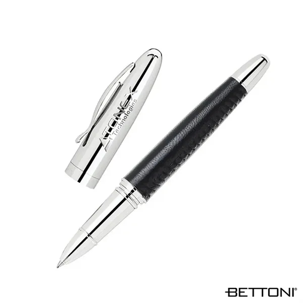 Rollerball pen with cap-off design, solid brass chrome cap, leather barrel... from ASI 67866 Logomark/Valumark
