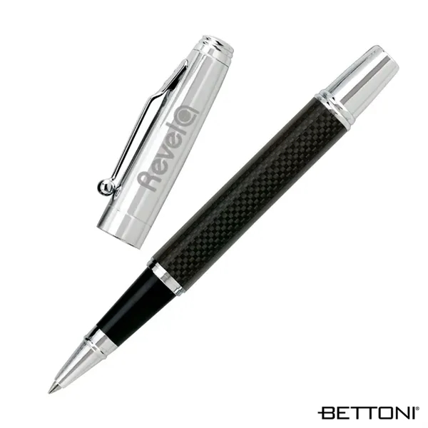 Euro-style cap-off rollerball pen with brass cap, high-gloss carbon fiber barrel... from ASI 67866 Logomark/Valumark
