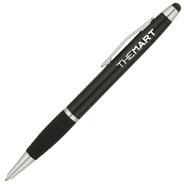 Twist-action ballpoint pen with sleek, shiny body, color matching rubberized grip... from ASI 67866 Logomark/Valumark / Valumark™