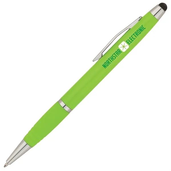 Twist-action ballpoint pen with sleek, shiny body, color matching rubberized grip... from ASI 67866 Logomark/Valumark / Valumark™