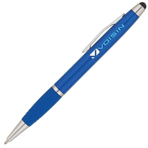 Twist-action ballpoint pen with sleek, shiny body, color matching rubberized grip... from ASI 67866 Logomark/Valumark / Valumark™