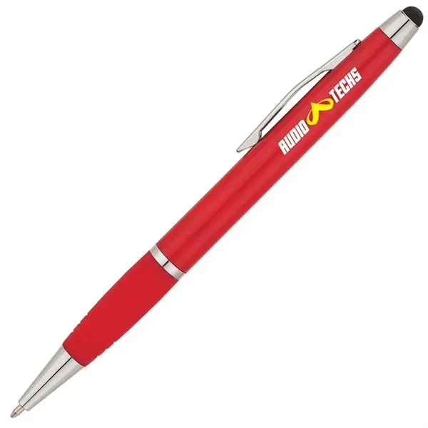 Twist-action ballpoint pen with sleek, shiny body, color matching rubberized grip... from ASI 67866 Logomark/Valumark / Valumark™