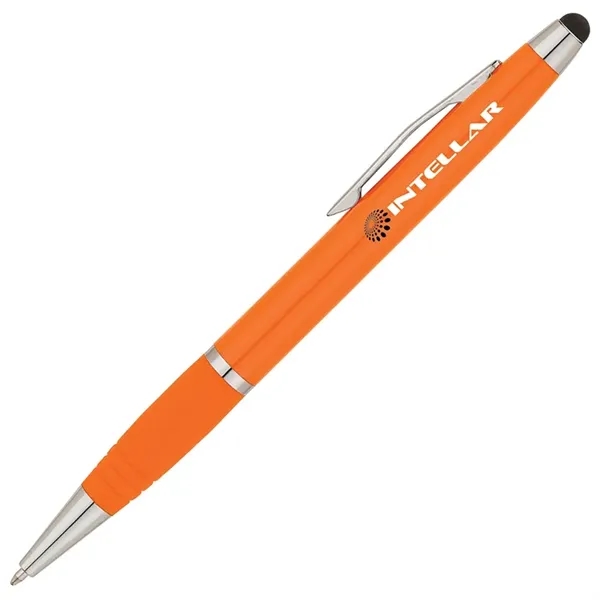 Twist-action ballpoint pen with sleek, shiny body, color matching rubberized grip... from ASI 67866 Logomark/Valumark / Valumark™