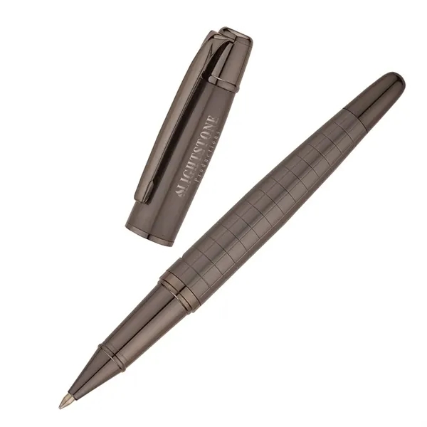 Heavyweight brass rollerball pen with cap-off design, satin gunmetal cap and... from ASI 67866 Logomark/Valumark
