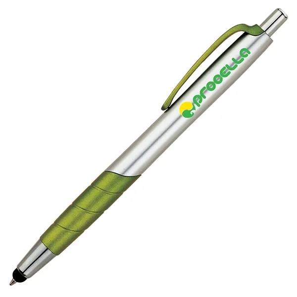 Plunger action ballpoint pen with clip and grip with color accents,... from ASI 67866 Logomark/Valumark / Valumark™