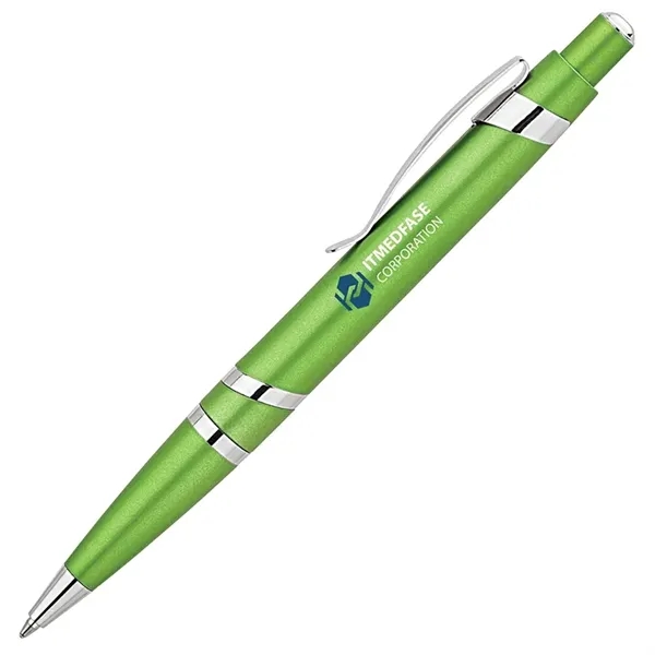 Plunger action ballpoint pen with metallic finish, spiral silver accent rings... from ASI 67866 Logomark/Valumark