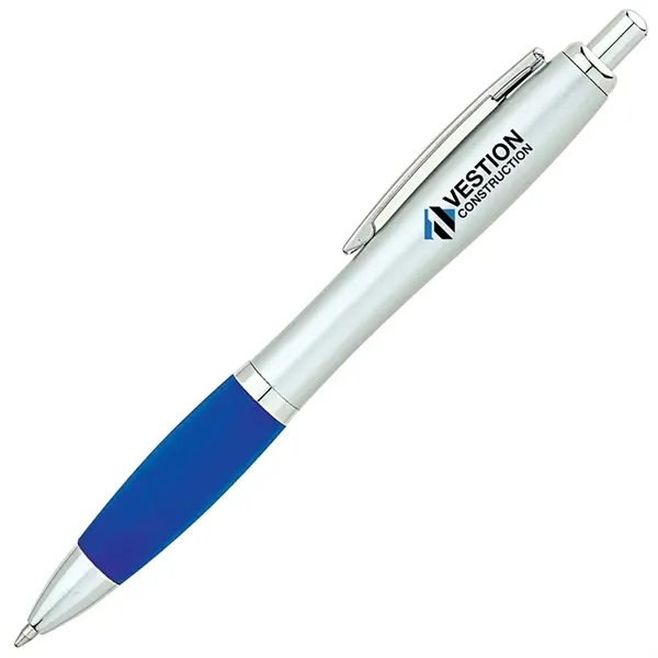 Plunger-action ballpoint pen with matte silver barrel, translucent colored rubberized grip,... from ASI 67866 Logomark/Valumark / Valumark™