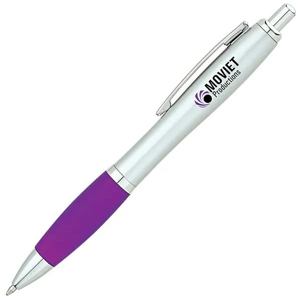 Plunger-action ballpoint pen with matte silver barrel, translucent colored rubberized grip,... from ASI 67866 Logomark/Valumark / Valumark™