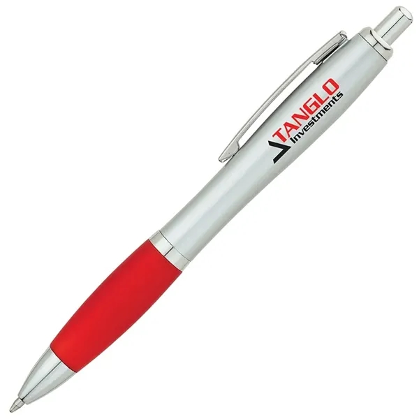 Plunger-action ballpoint pen with matte silver barrel, translucent colored rubberized grip,... from ASI 67866 Logomark/Valumark / Valumark™