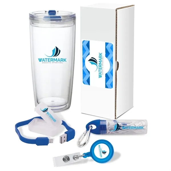 Gift set with 22 oz. tumbler, 2-in-1 charging cable, earbuds with... from ASI 67866 Logomark/Valumark