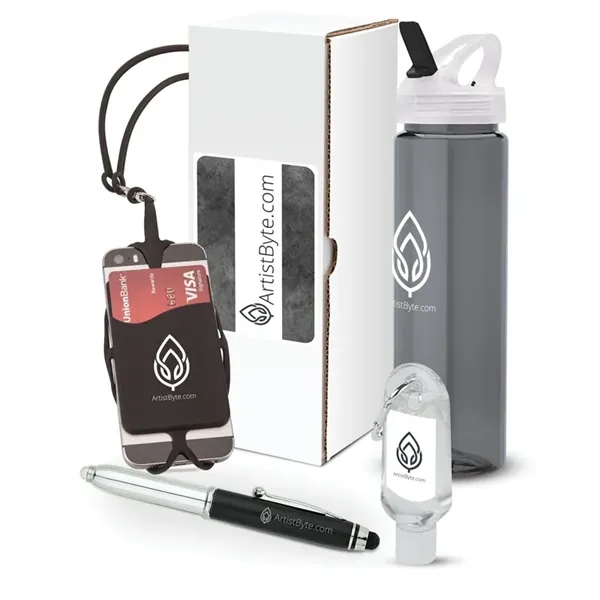 4-piece gift set with 25 oz. PET water bottle, phone/card holder,... from ASI 67866 Logomark/Valumark