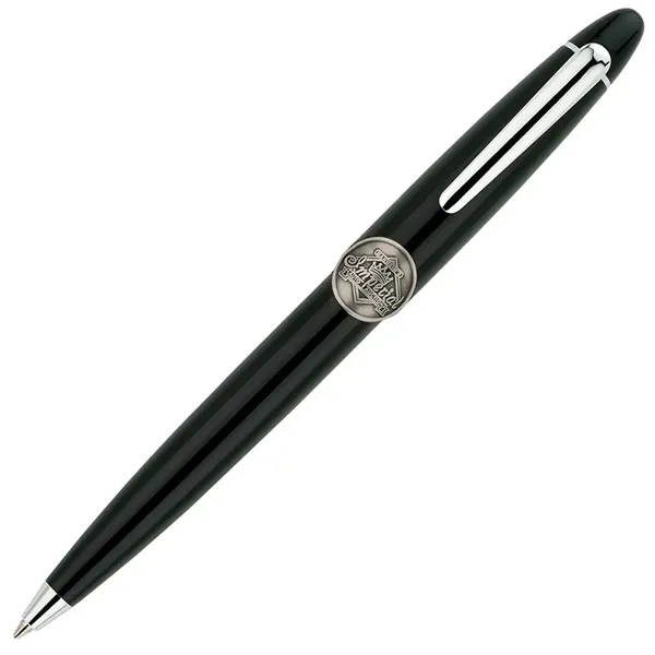 Twist action brass ballpoint pen with high-gloss black lacquered cap and... from ASI 67866 Logomark/Valumark