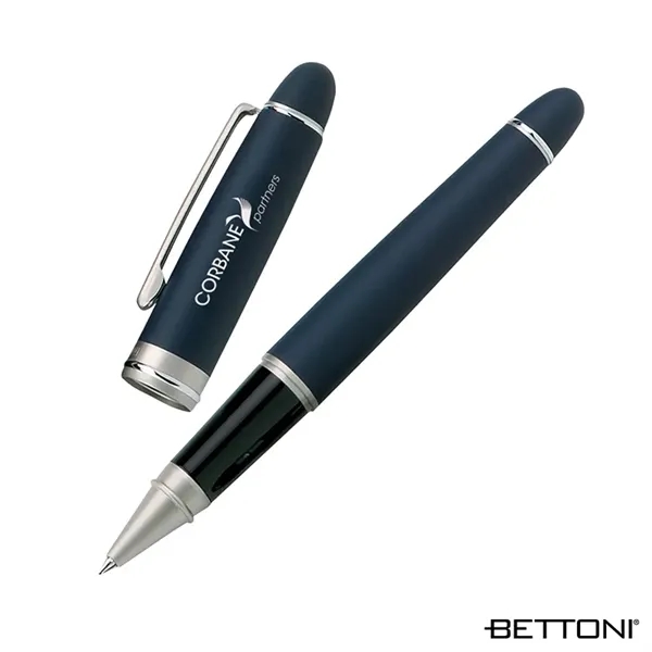 Rollerball pen with Euro-style cap-off design, solid brass barrel and soft-touch... from ASI 67866 Logomark/Valumark