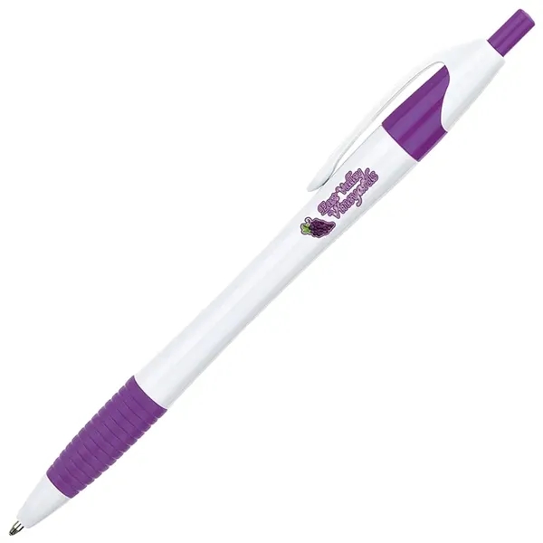 Plunger action ballpoint pen with hourglass barrel design and soft rubber... from ASI 67866 Logomark/Valumark / Valumark™