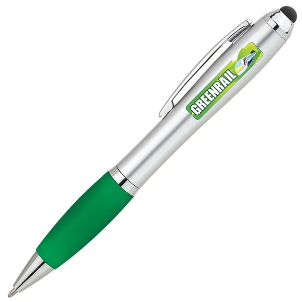 Twist action ballpoint pen with hourglass shaped barrel, colored rubber grip,... from ASI 67866 Logomark/Valumark / Valumark™