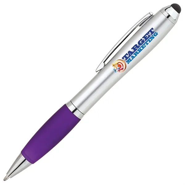 Twist action ballpoint pen with hourglass shaped barrel, colored rubber grip,... from ASI 67866 Logomark/Valumark / Valumark™