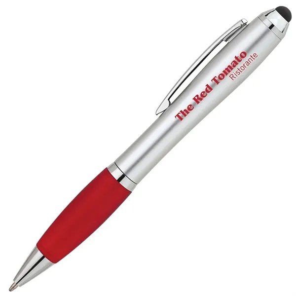 Twist action ballpoint pen with hourglass shaped barrel, colored rubber grip,... from ASI 67866 Logomark/Valumark / Valumark™