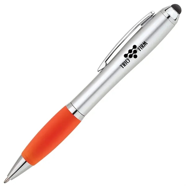 Twist action ballpoint pen with hourglass shaped barrel, colored rubber grip,... from ASI 67866 Logomark/Valumark / Valumark™