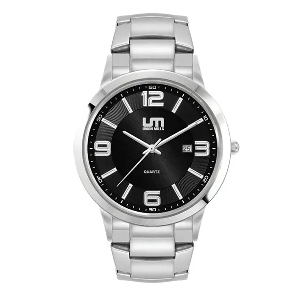 Men's silver stainless steel watch with black sunray dial and 3-hand... from ASI 67866 Logomark/Valumark