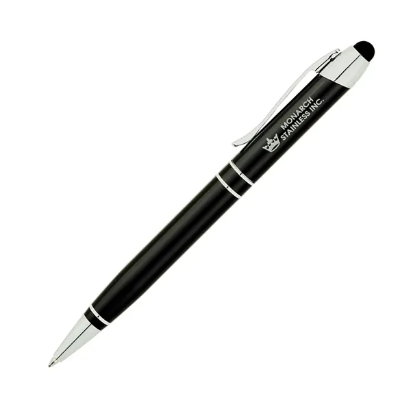 Twist-action ballpoint pen with capacitive stylus, aluminum construction, chrome accent rings,... from ASI 67866 Logomark/Valumark
