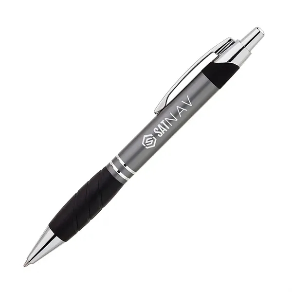 Aluminum ballpoint pen with plunger action mechanism, rubber grip and metal... from ASI 67866 Logomark/Valumark / Valumark™