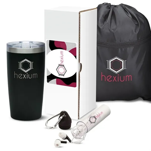 Gift set with 20-ounce stainless steel tumbler, drawstring sports bag and... from ASI 67866 Logomark/Valumark