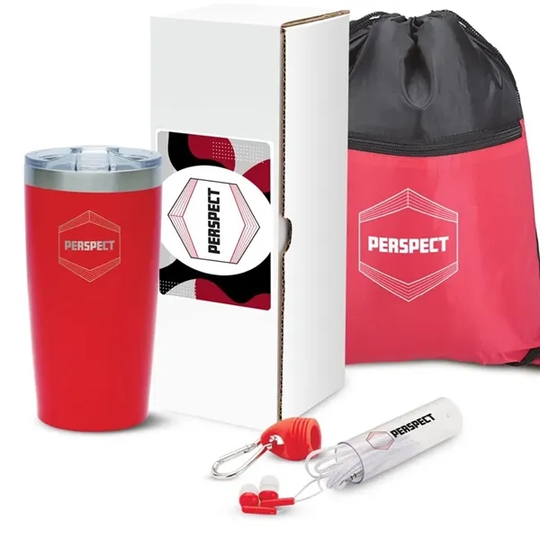Gift set with 20-ounce stainless steel tumbler, drawstring sports bag and... from ASI 67866 Logomark/Valumark