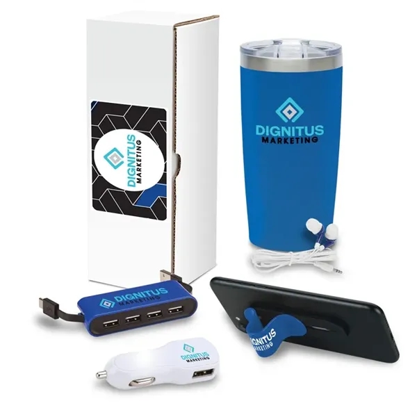 Five-piece gift set with 20 ounce steel drinking tumbler, earbuds, USB... from ASI 67866 Logomark/Valumark
