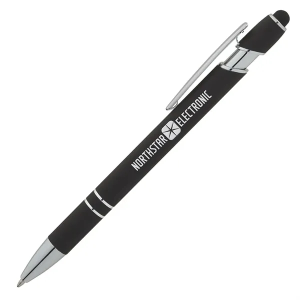 Soft touch aluminum ballpoint pen with plunger action design, chrome trims,... from ASI 67866 Logomark/Valumark