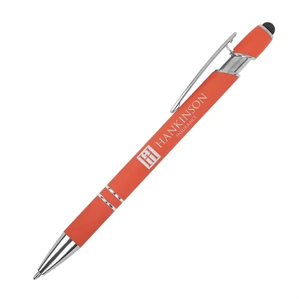 Soft touch aluminum ballpoint pen with plunger action design, chrome trims,... from ASI 67866 Logomark/Valumark
