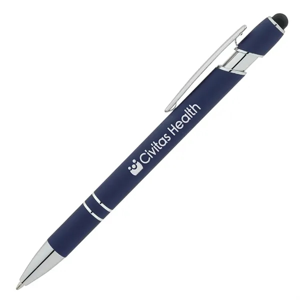Soft touch aluminum ballpoint pen with plunger action design, chrome trims,... from ASI 67866 Logomark/Valumark