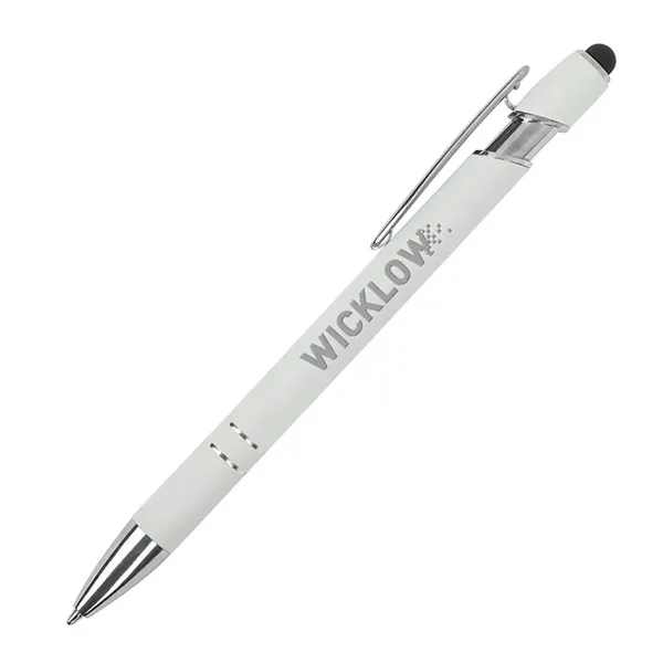 Soft touch aluminum ballpoint pen with plunger action design, chrome trims,... from ASI 67866 Logomark/Valumark