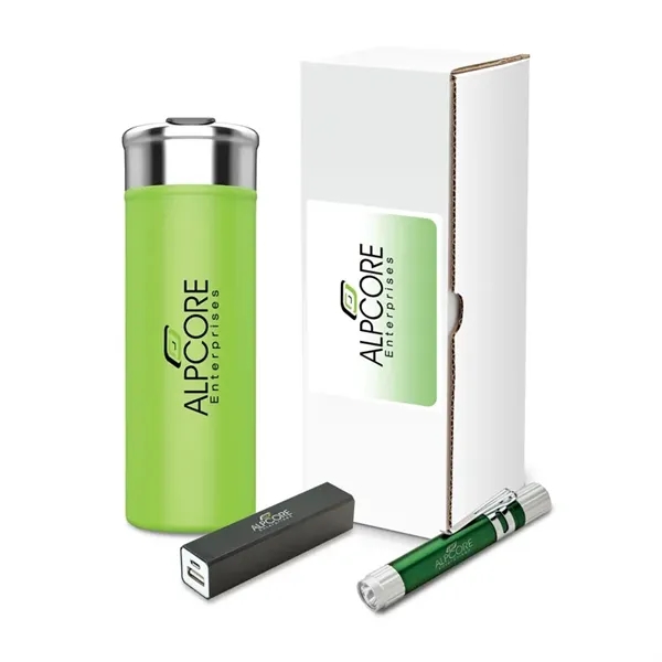 Shield three-piece gift set with 18 oz. steel tumbler, LED flashlight... from ASI 67866 Logomark/Valumark