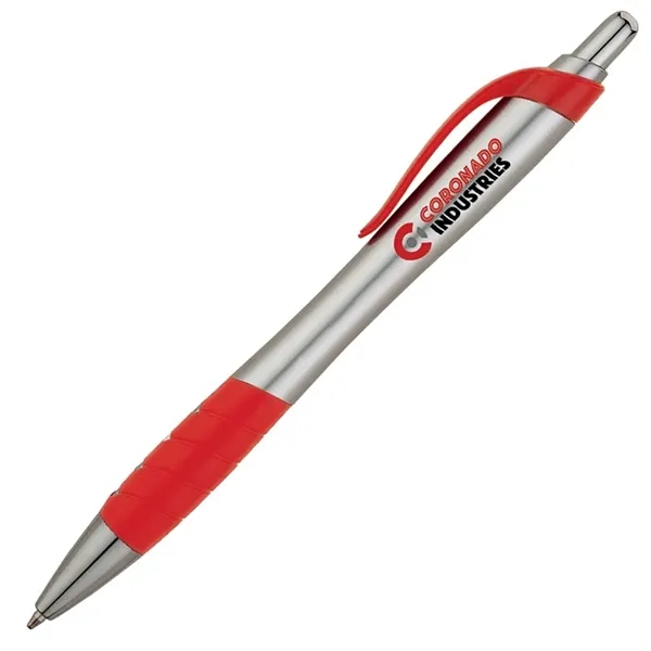 Plunger action ballpoint pen with matte silver hourglass barrel, colored clip,... from ASI 67866 Logomark/Valumark / Valumark™