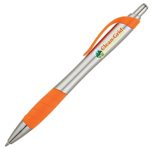 Plunger action ballpoint pen with matte silver hourglass barrel, colored clip,... from ASI 67866 Logomark/Valumark / Valumark™