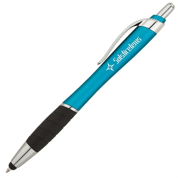 Plunger action ballpoint pen with metallic color barrel, black rubber grip,... from ASI 67866 Logomark/Valumark / Valumark™