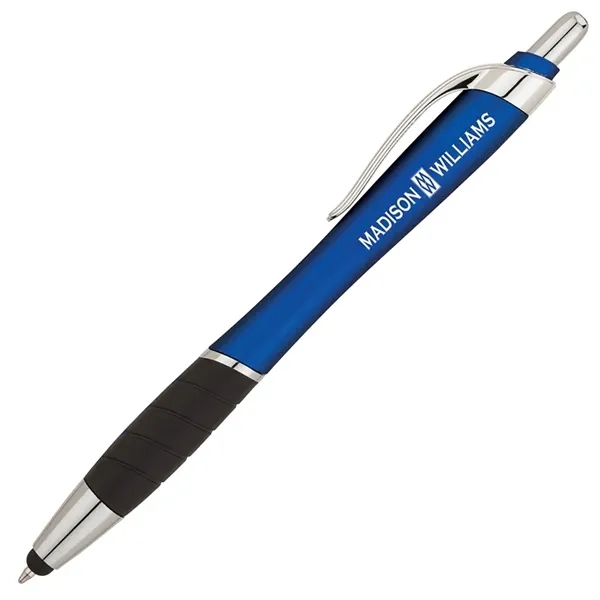 Plunger action ballpoint pen with metallic color barrel, black rubber grip,... from ASI 67866 Logomark/Valumark / Valumark™