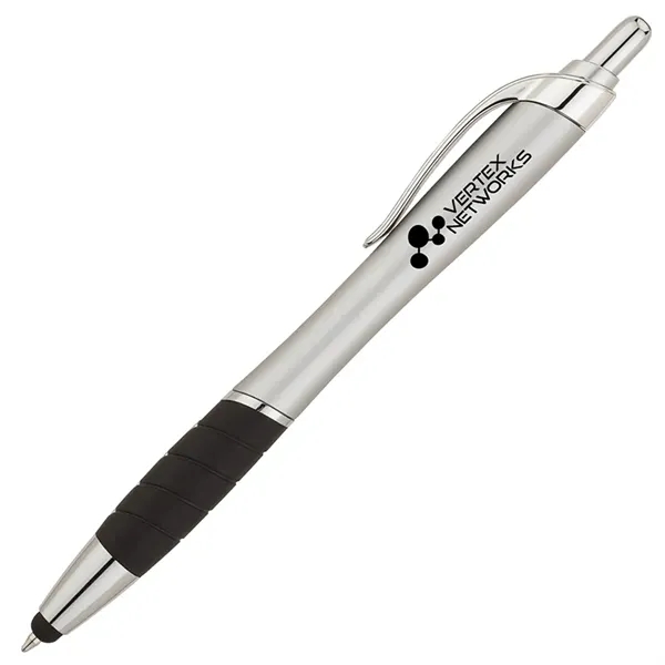 Plunger action ballpoint pen with metallic color barrel, black rubber grip,... from ASI 67866 Logomark/Valumark / Valumark™