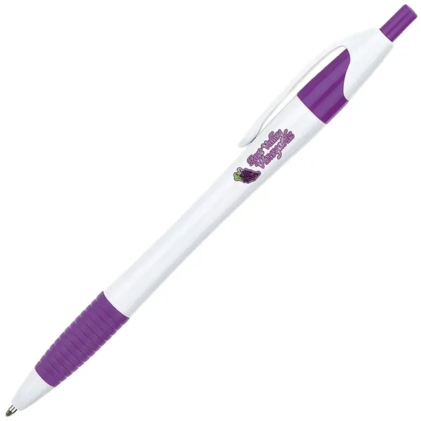 Ballpoint pen with hourglass barrel design, plunger action mechanism and soft... from ASI 67866 Logomark/Valumark / Valumark™
