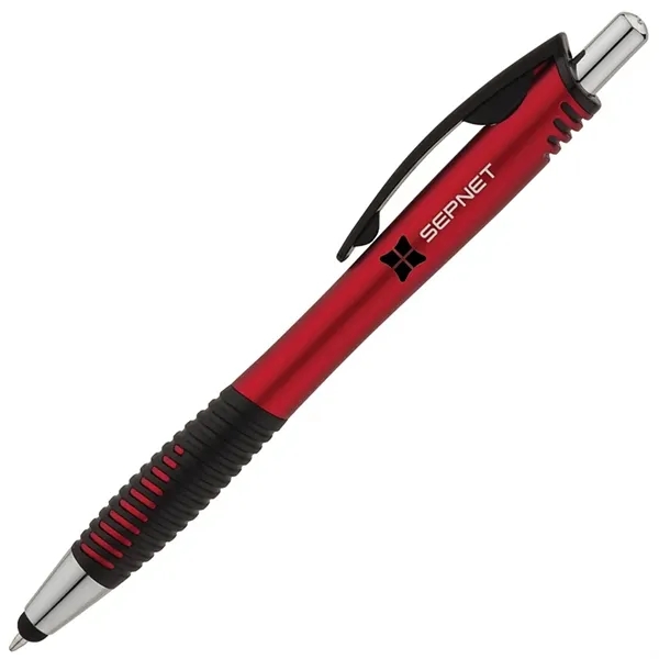 Plunger action ballpoint pen with metallic colored barrel, textured rubber grip... from ASI 67866 Logomark/Valumark / Valumark™