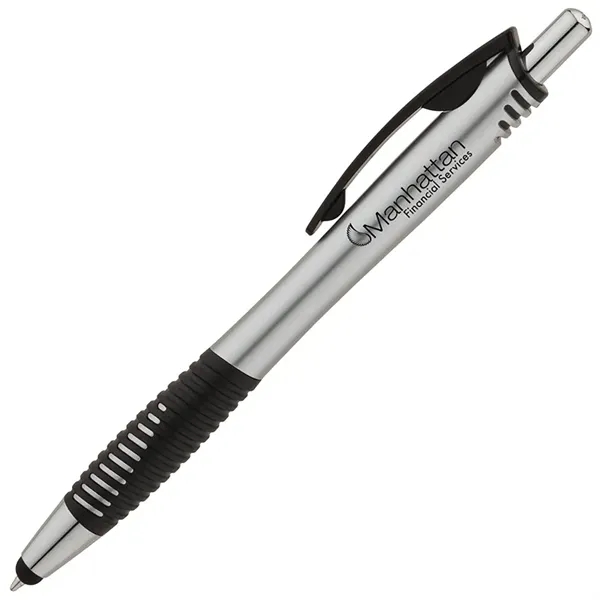 Plunger action ballpoint pen with metallic colored barrel, textured rubber grip... from ASI 67866 Logomark/Valumark / Valumark™