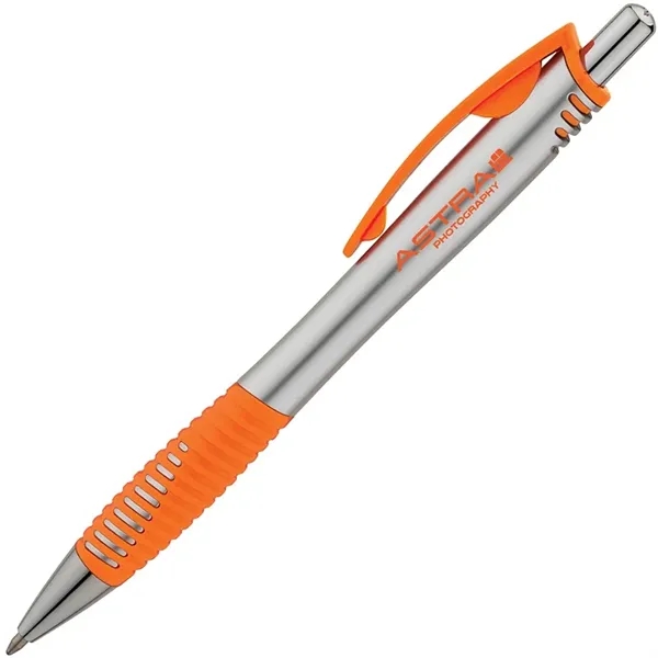 Plunger action ballpoint pen with matte silver barrel, stylish colored accent... from ASI 67866 Logomark/Valumark / Valumark™