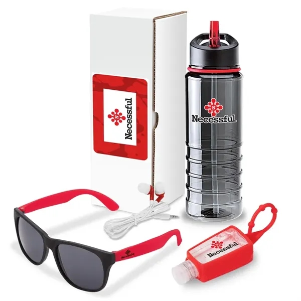 Four-piece gift set with 25-oz. Tritan™ water bottle, stereo earbuds, sunglasses... from ASI 67866 Logomark/Valumark