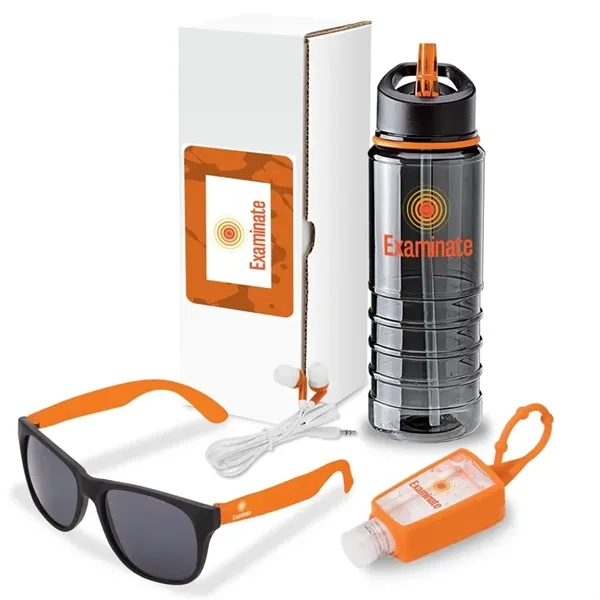 Four-piece gift set with 25-oz. Tritan™ water bottle, stereo earbuds, sunglasses... from ASI 67866 Logomark/Valumark