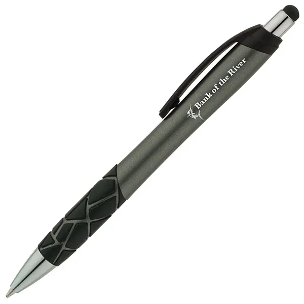 Plunger action ballpoint pen with metallic barrel, textured GEO pattern rubber... from ASI 67866 Logomark/Valumark / Valumark™