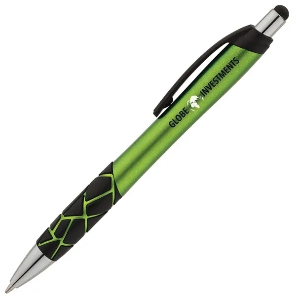 Plunger action ballpoint pen with metallic barrel, textured GEO pattern rubber... from ASI 67866 Logomark/Valumark / Valumark™