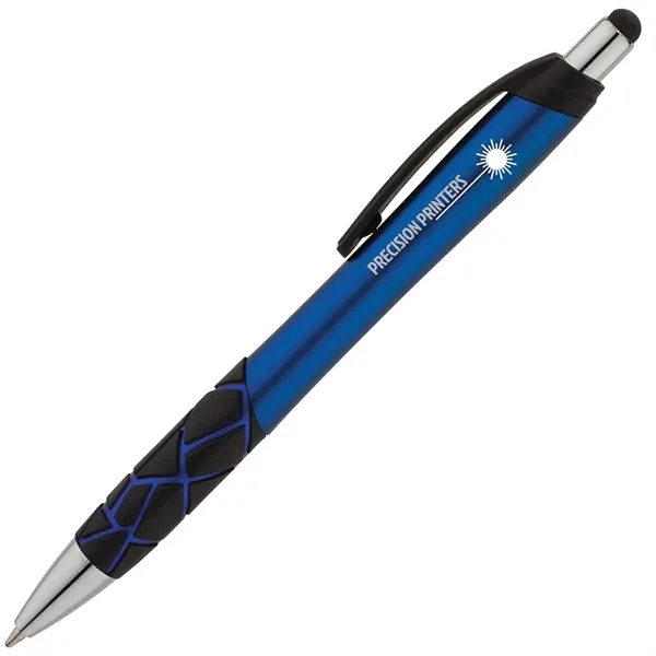 Plunger action ballpoint pen with metallic barrel, textured GEO pattern rubber... from ASI 67866 Logomark/Valumark / Valumark™
