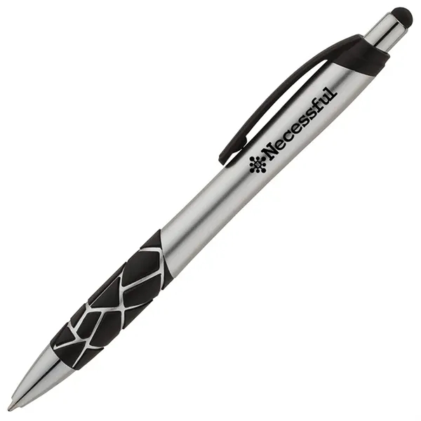 Plunger action ballpoint pen with metallic barrel, textured GEO pattern rubber... from ASI 67866 Logomark/Valumark / Valumark™