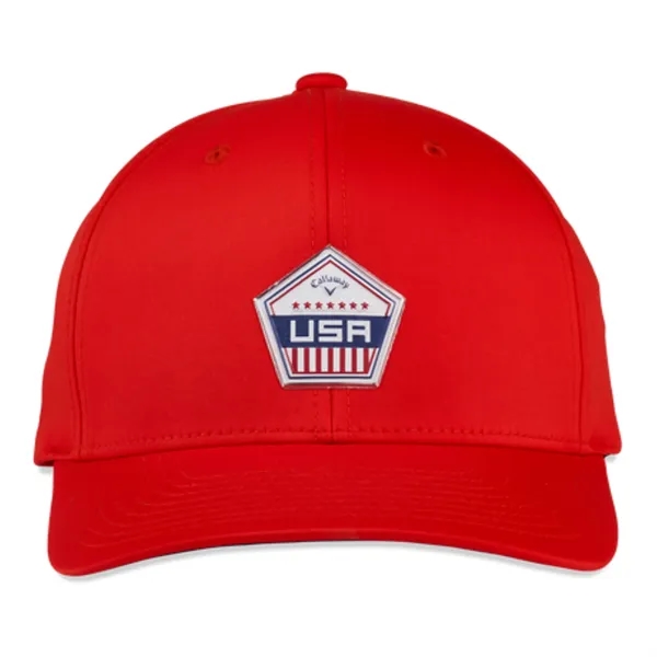 USA-themed golf cap with patriotic patch, cooling sweatband and hook and... from ASI 57653 Gold Bond
